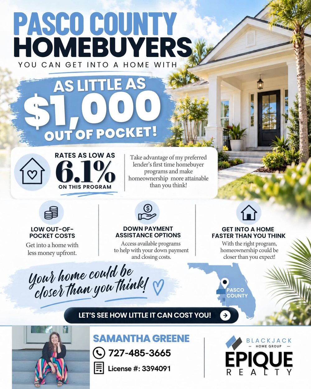 Samantha's Pasco County Homebuyers flyer: as little as $1,000 out of pocket