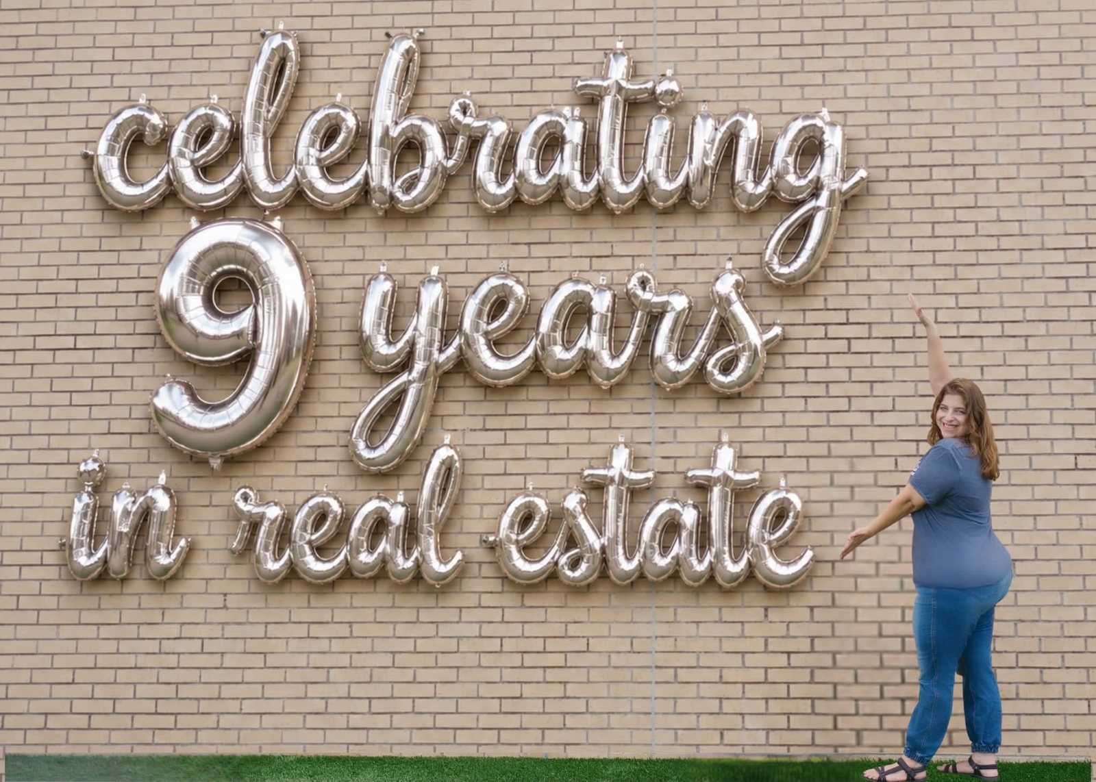 Samantha Greene celebrating 9 years in real estate in front of a balloon sign