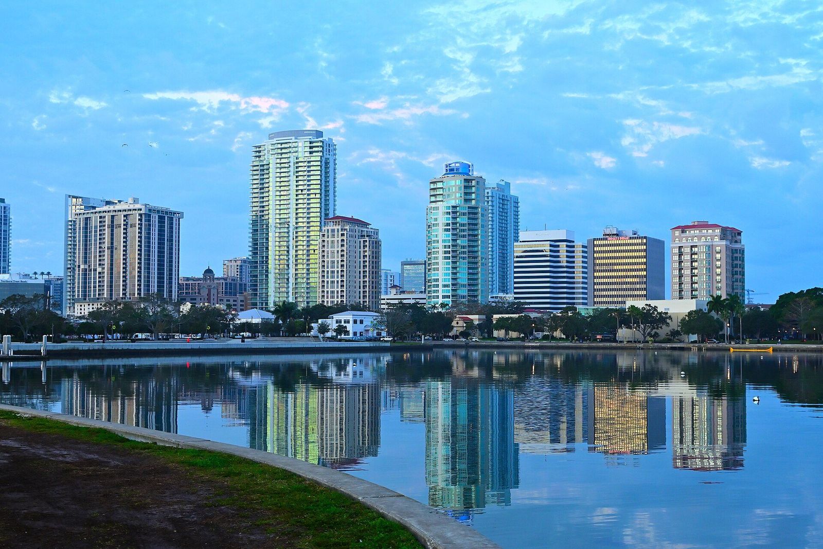 Downtown St. Petersburg skyline reflected in the bay at sunrise